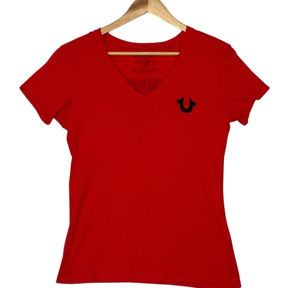 TRUE RELIGION sz X Small Fitted Short Sleeve Tee World Tour Bling Red Black - Picture 2 of 8